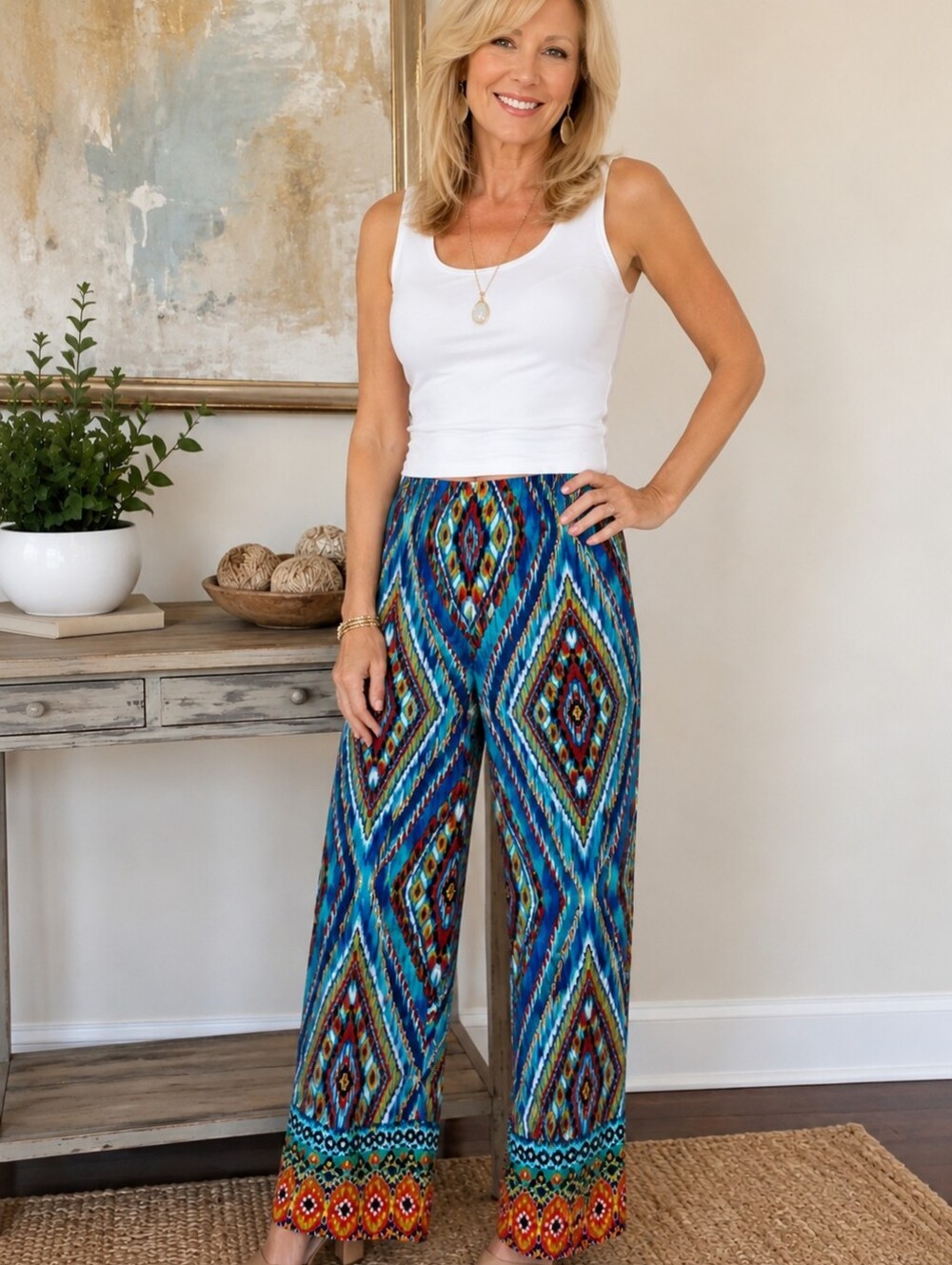Sunny Leigh Teal Multicolor Geometric Wide-Leg Pants